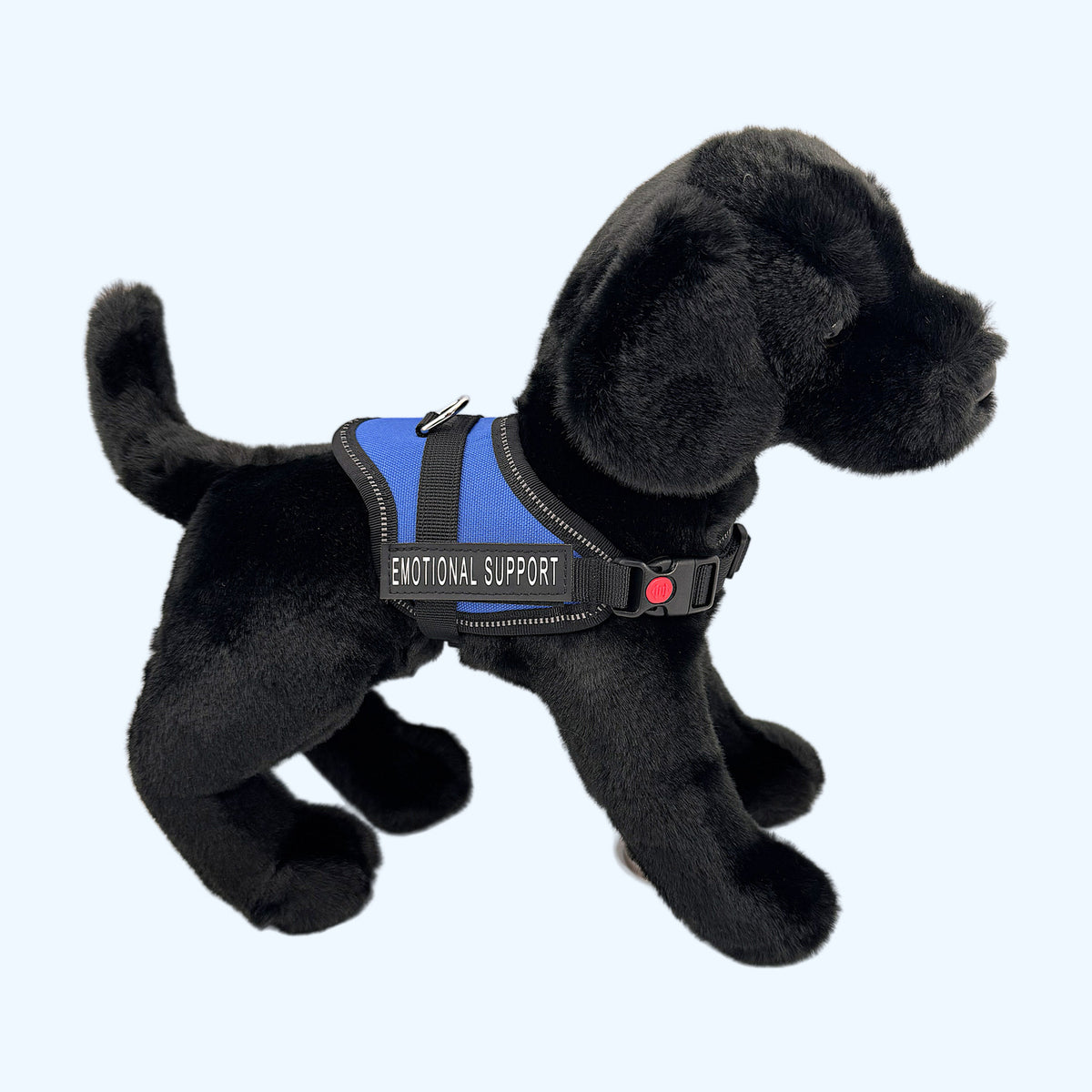 Blue ESSA Harness for Small and Medium worn by a black plush dog