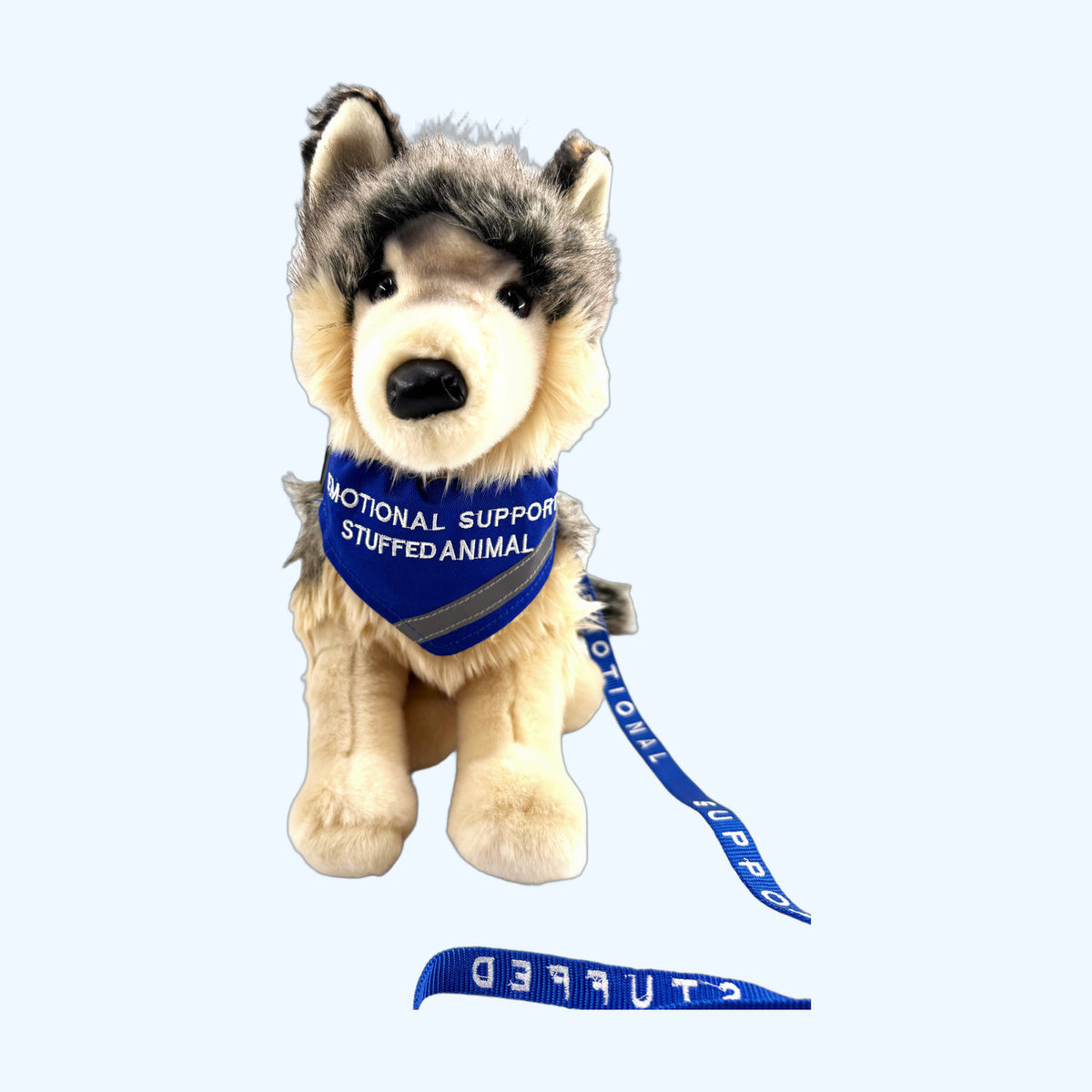 Blue ESSA Awareness Kit bandana and leash worn by ESSA plush dog, front view