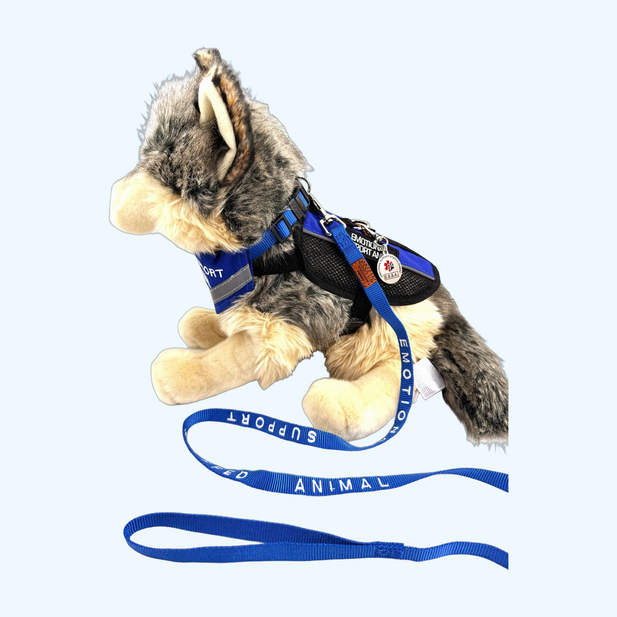 Blue ESSA Awareness Kit on ESSA plush dog, side view, harness not included