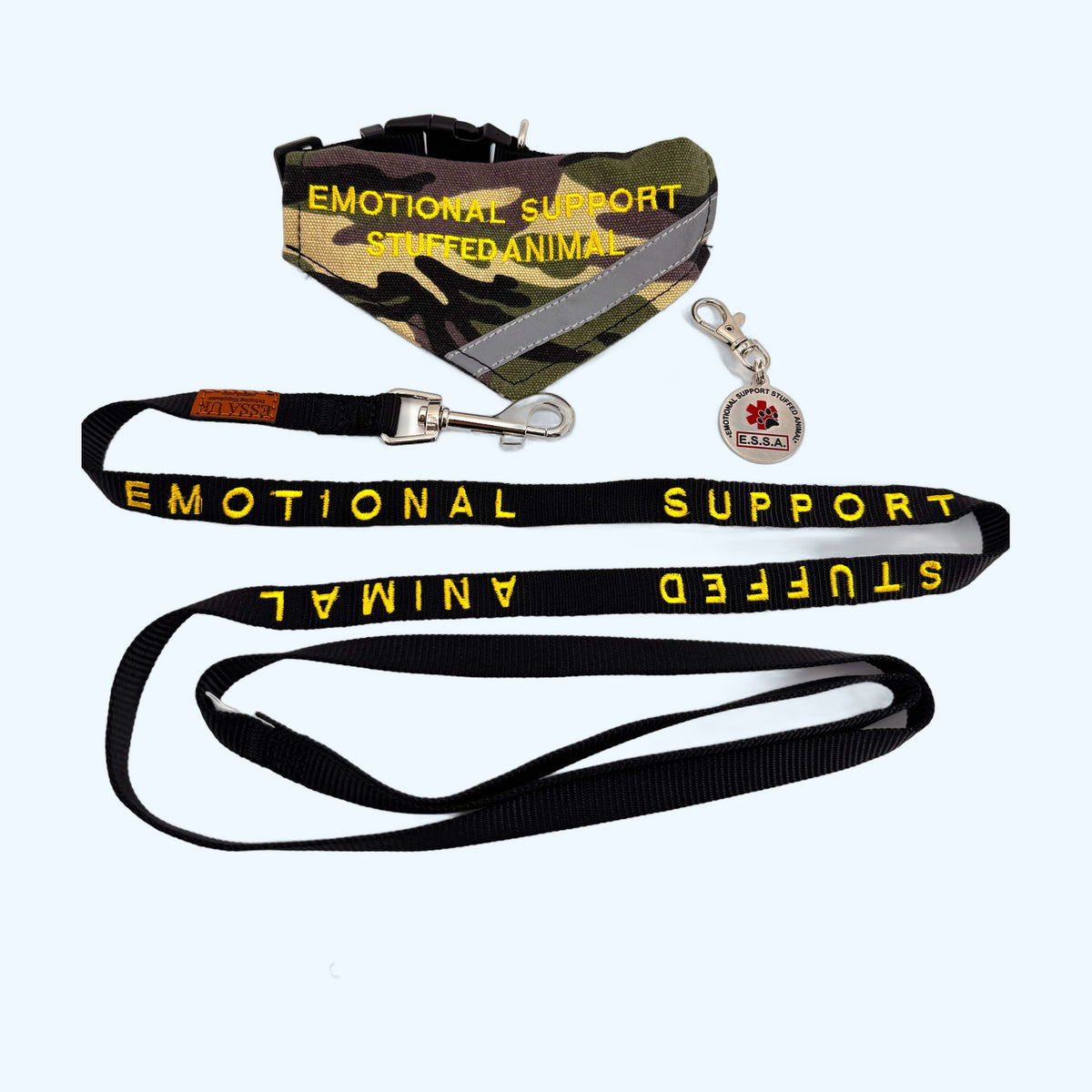 Camo ESSA Awareness Kit Half Set laid flat: leash, bandana, tag and collar