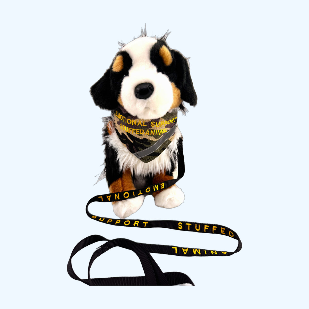 Camo ESSA Awareness Kit bandana and leash worn by ESSA plush dog, front view