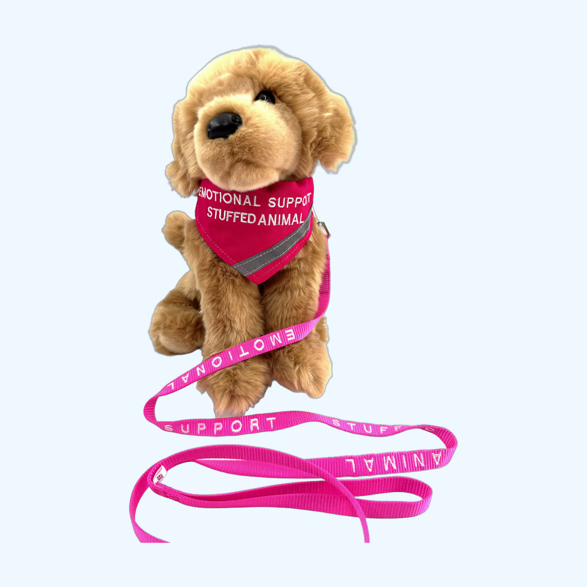 Pink ESSA Awareness Kit bandana and leash worn by ESSA plush dog, front view