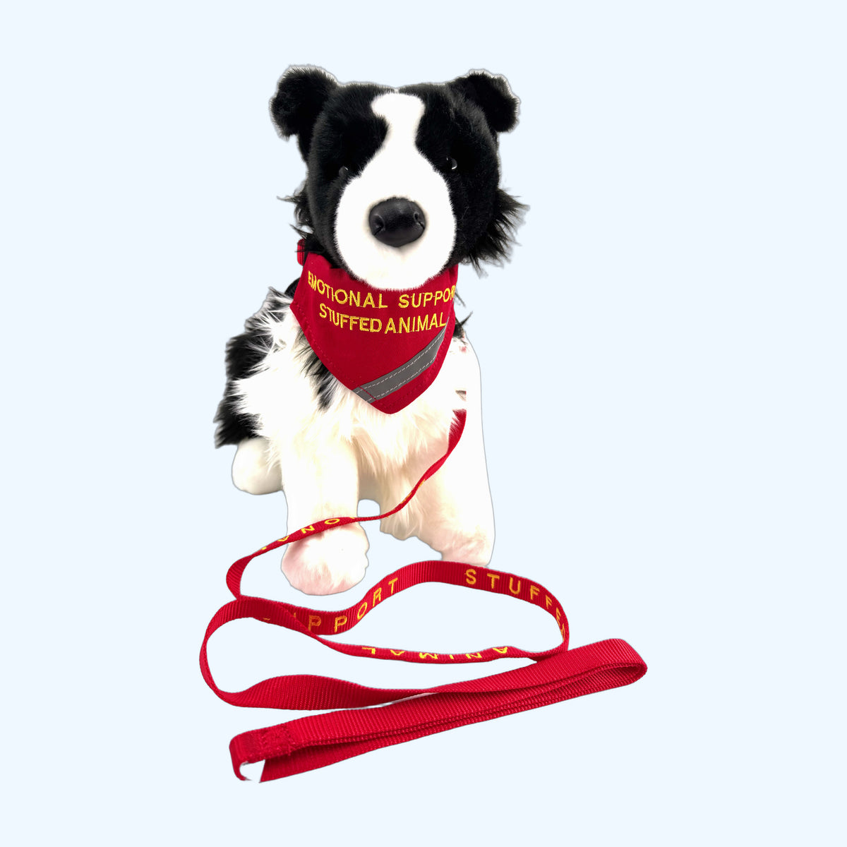 Red ESSA Awareness Kit bandana and leash worn by ESSA plush dog, front view