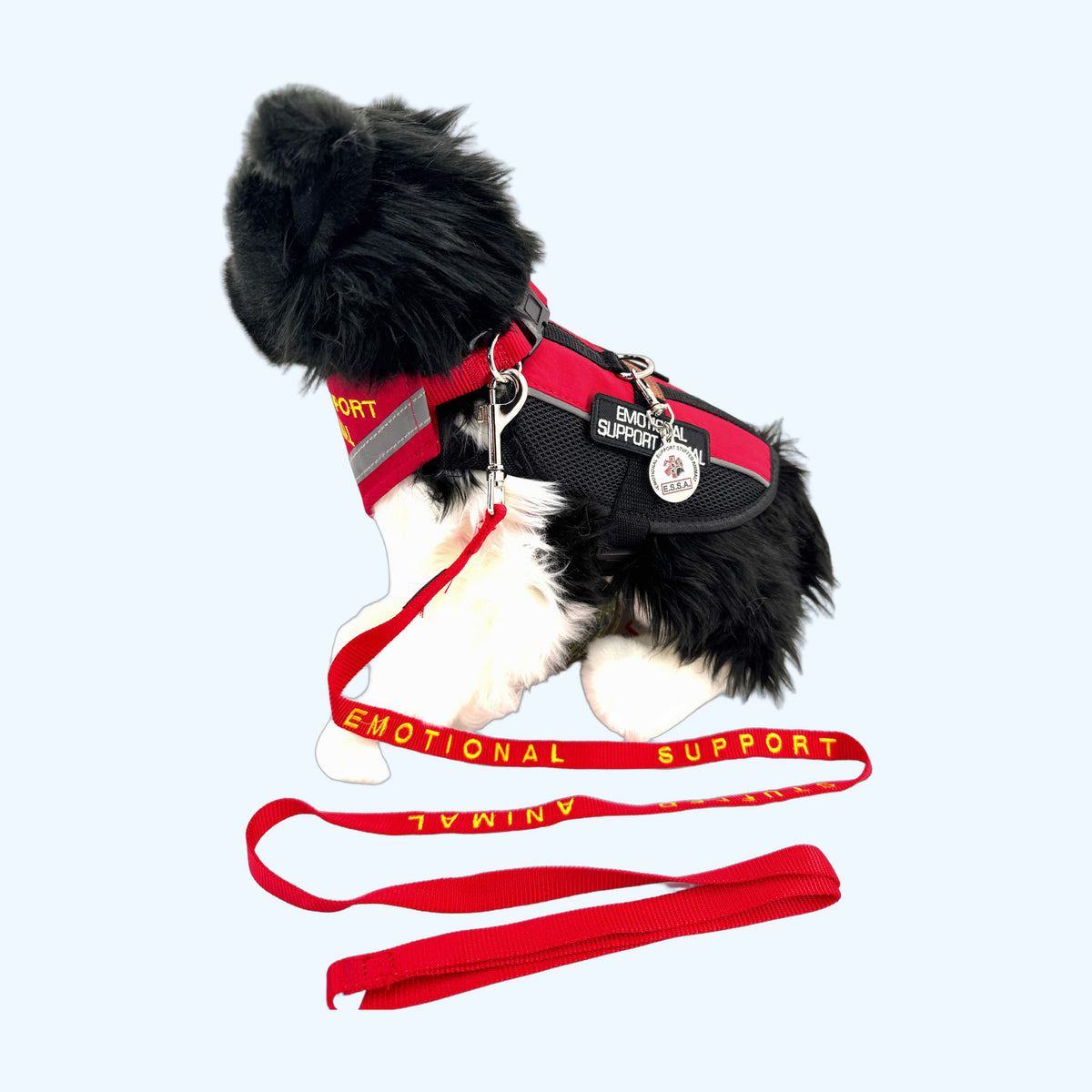Red ESSA Awareness Kit on ESSA plush dog, side view, harness not included