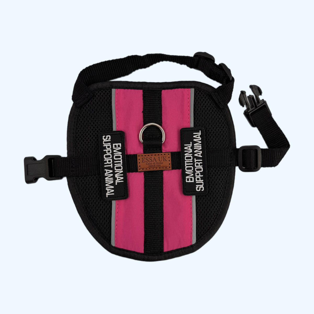 Pink ESSA Harness for Medium and Large laid flat showing the emotional support patches