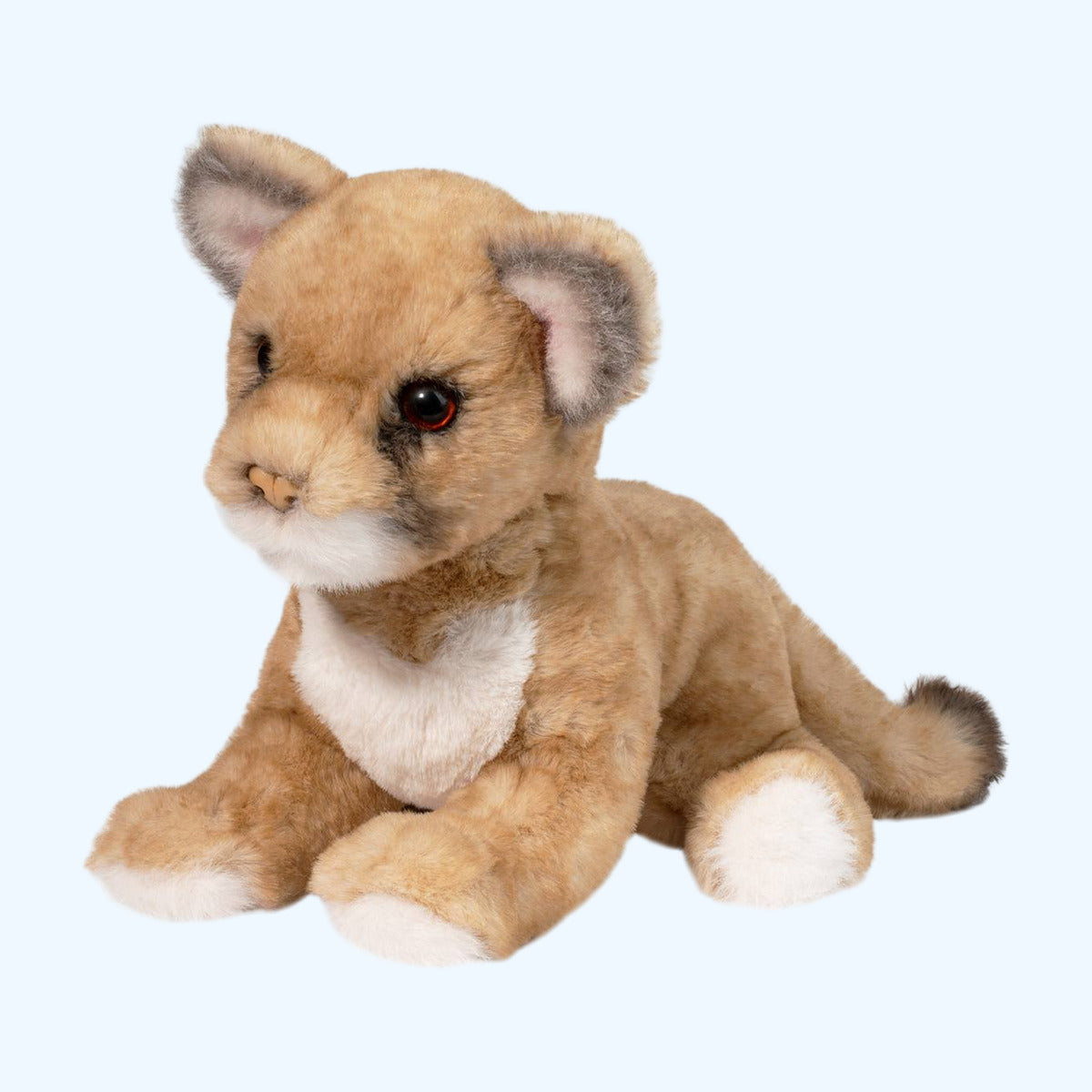 Carmie Soft Mountain Lion plush cub turned slightly left, caramel coat and cream chest