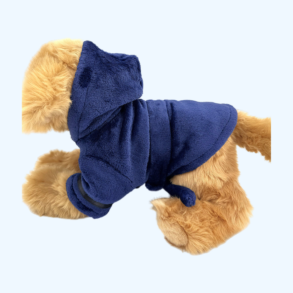 Navy ESSA Dressing Gown on ESSA plush dog, left side showing tie belt