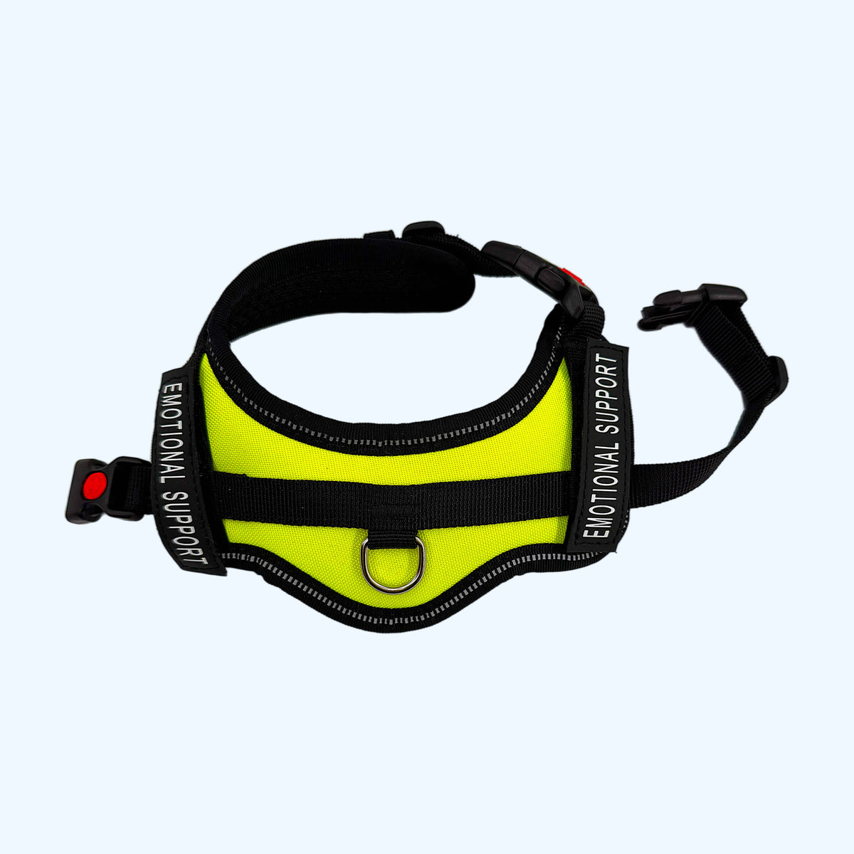 Neon Green ESSA Harness for Small and Medium laid flat with reflective trim