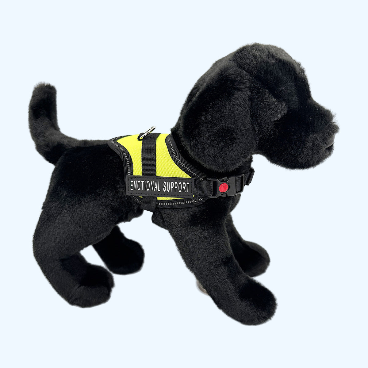 Neon Green ESSA Harness for Small and Medium worn by a black plush dog