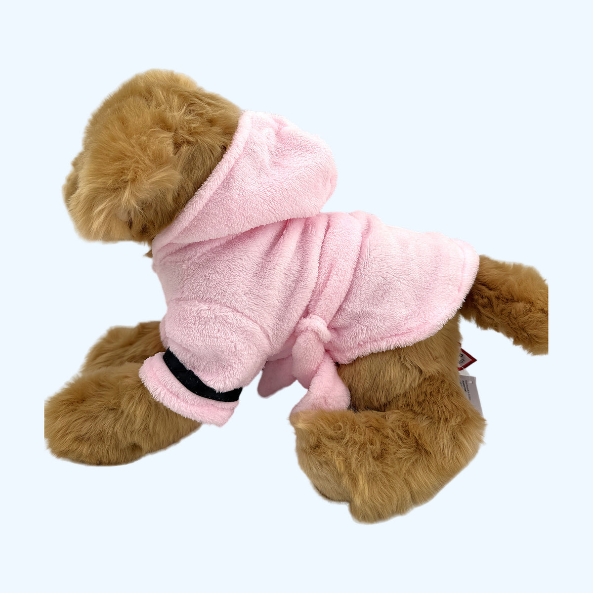 Pink ESSA Dressing Gown on ESSA plush dog, left side with tied belt