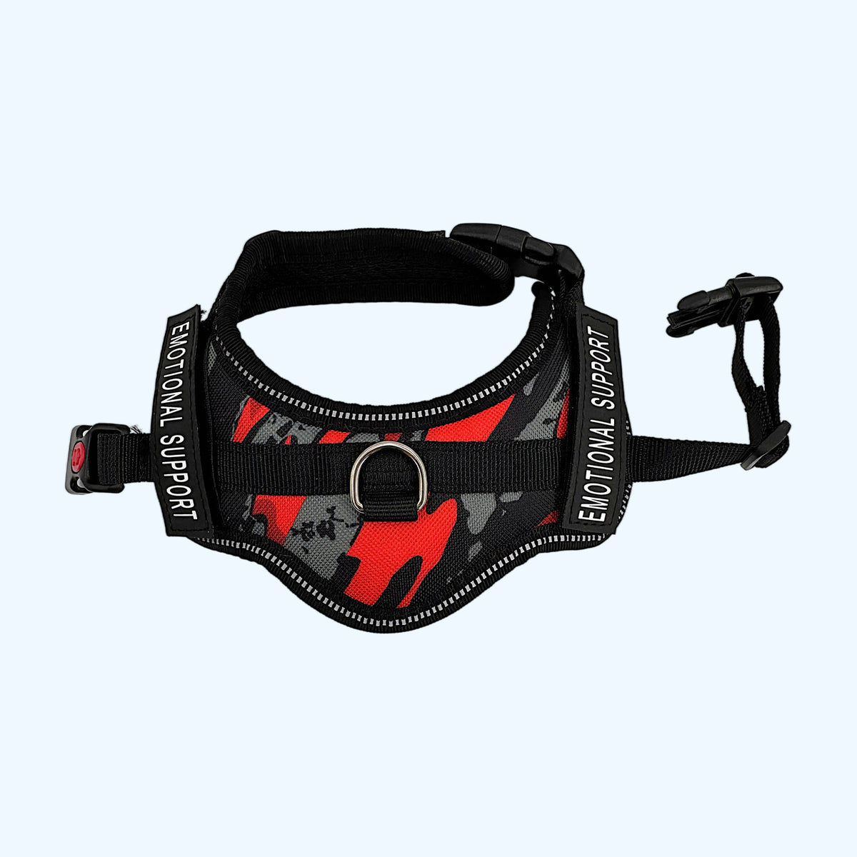 Red Camo ESSA Harness for Small and Medium laid flat showing the camouflage print