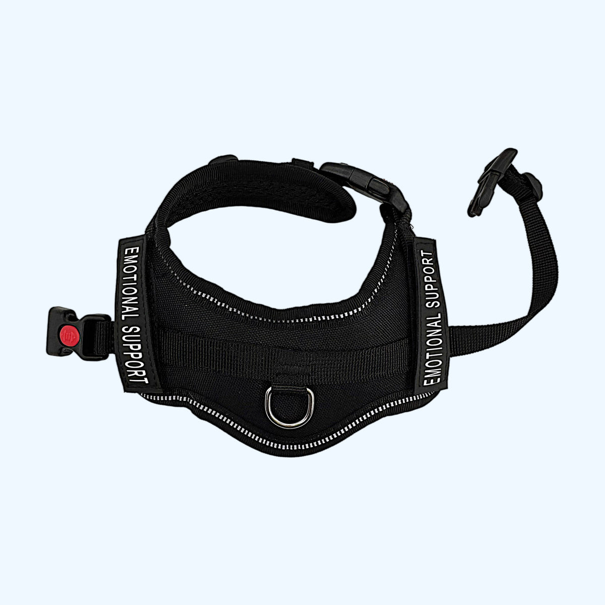 Black ESSA Harness for Small and Medium laid flat showing the metal lead ring