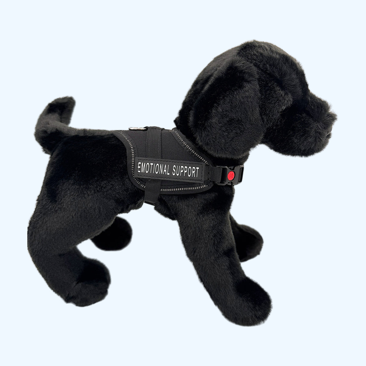 Black ESSA Harness for Small and Medium worn by a black plush dog, side view