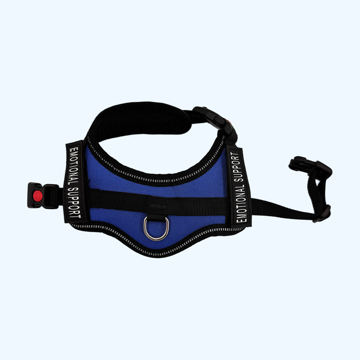 Blue ESSA Harness for Small and Medium laid flat with reflective trim and buckle