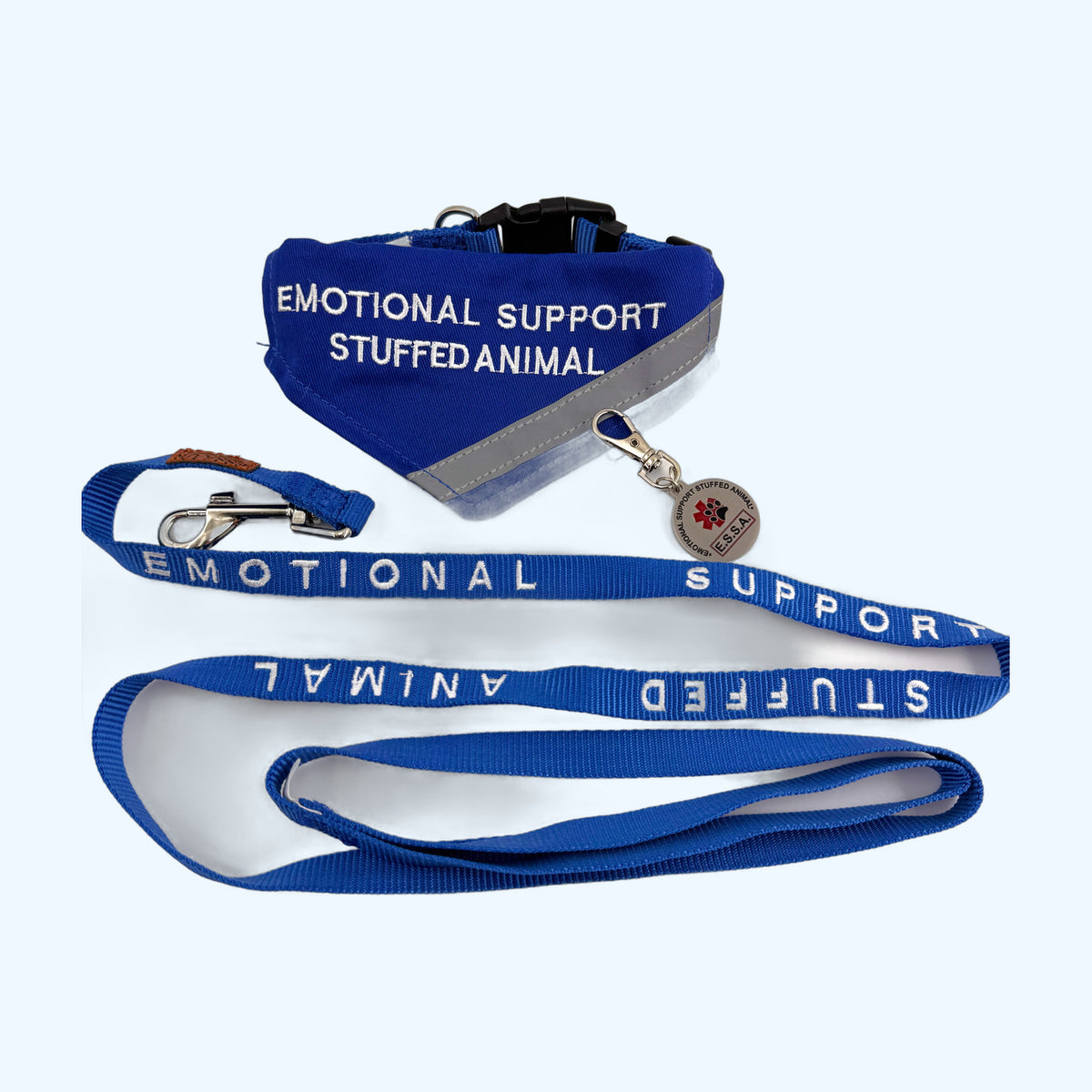 Blue ESSA Awareness Kit Half Set laid flat: leash, bandana, tag and collar