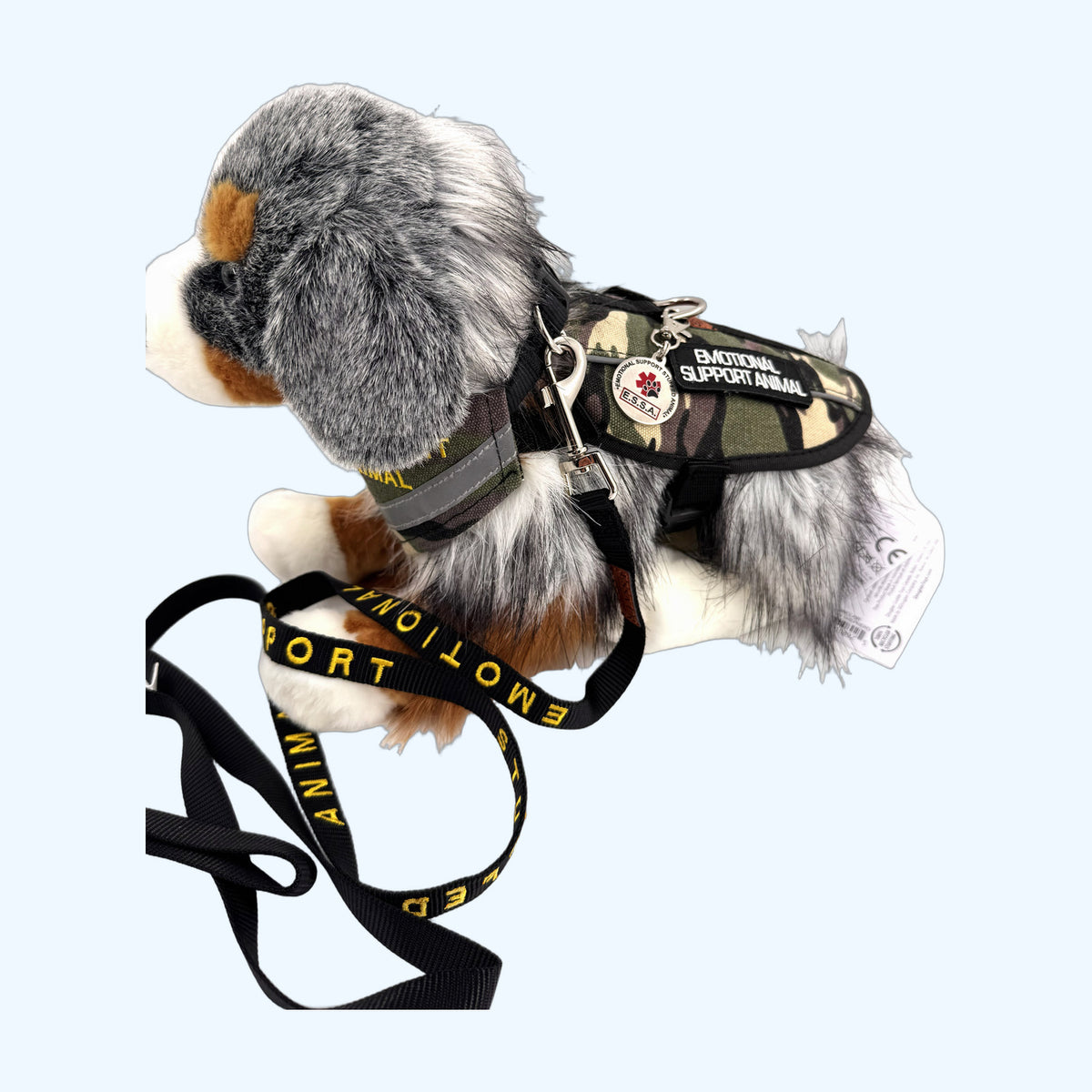 Camo ESSA Awareness Kit on plush dog, side view, harness shown not included