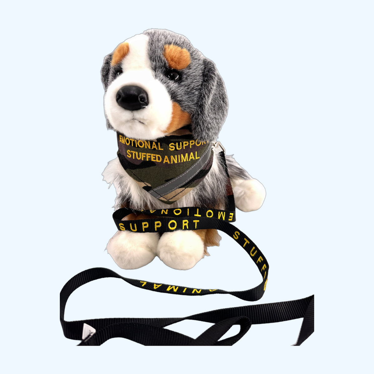 Camo ESSA Awareness Kit Half Set on ESSA plush dog with tag and collar visible