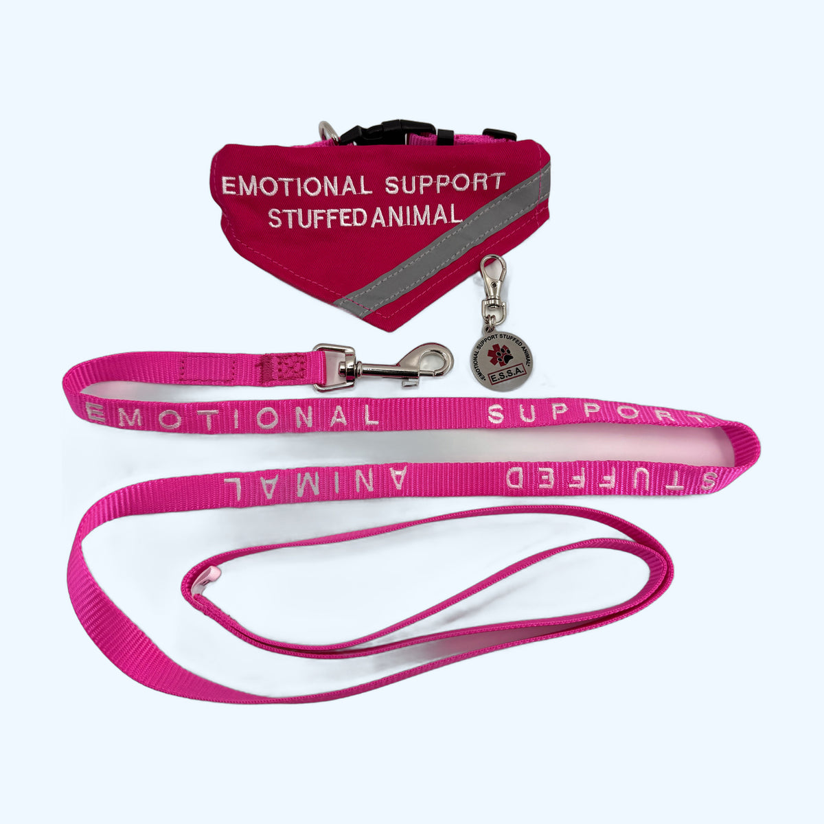 Pink ESSA Awareness Kit Half Set laid flat: leash, bandana, tag and collar