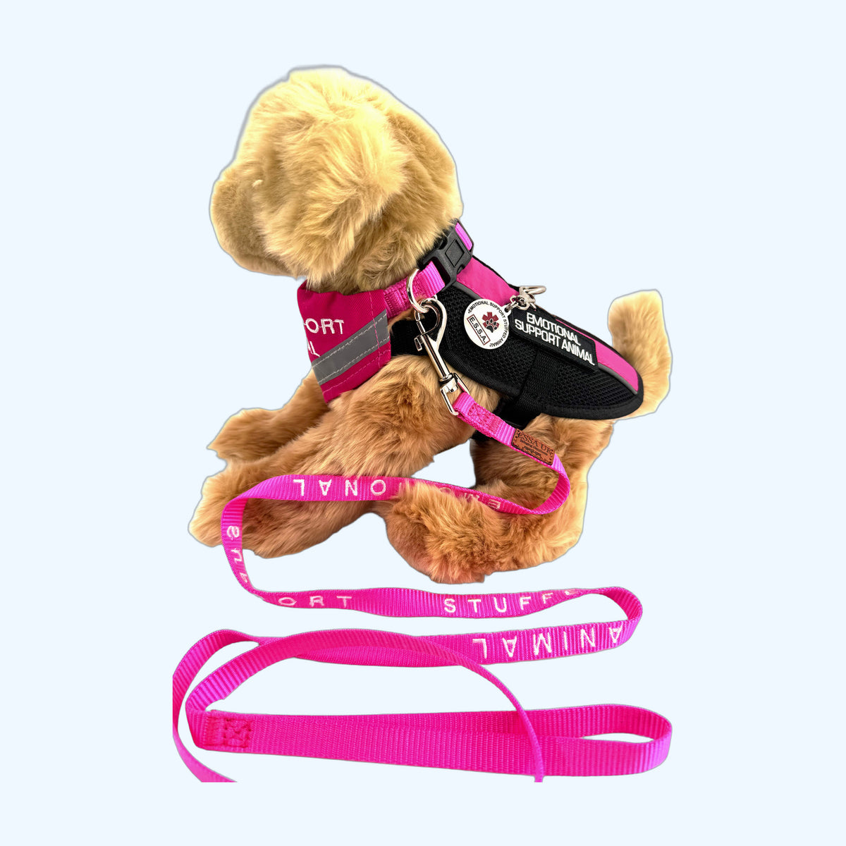 Pink ESSA Awareness Kit on ESSA plush dog, side view, harness not included