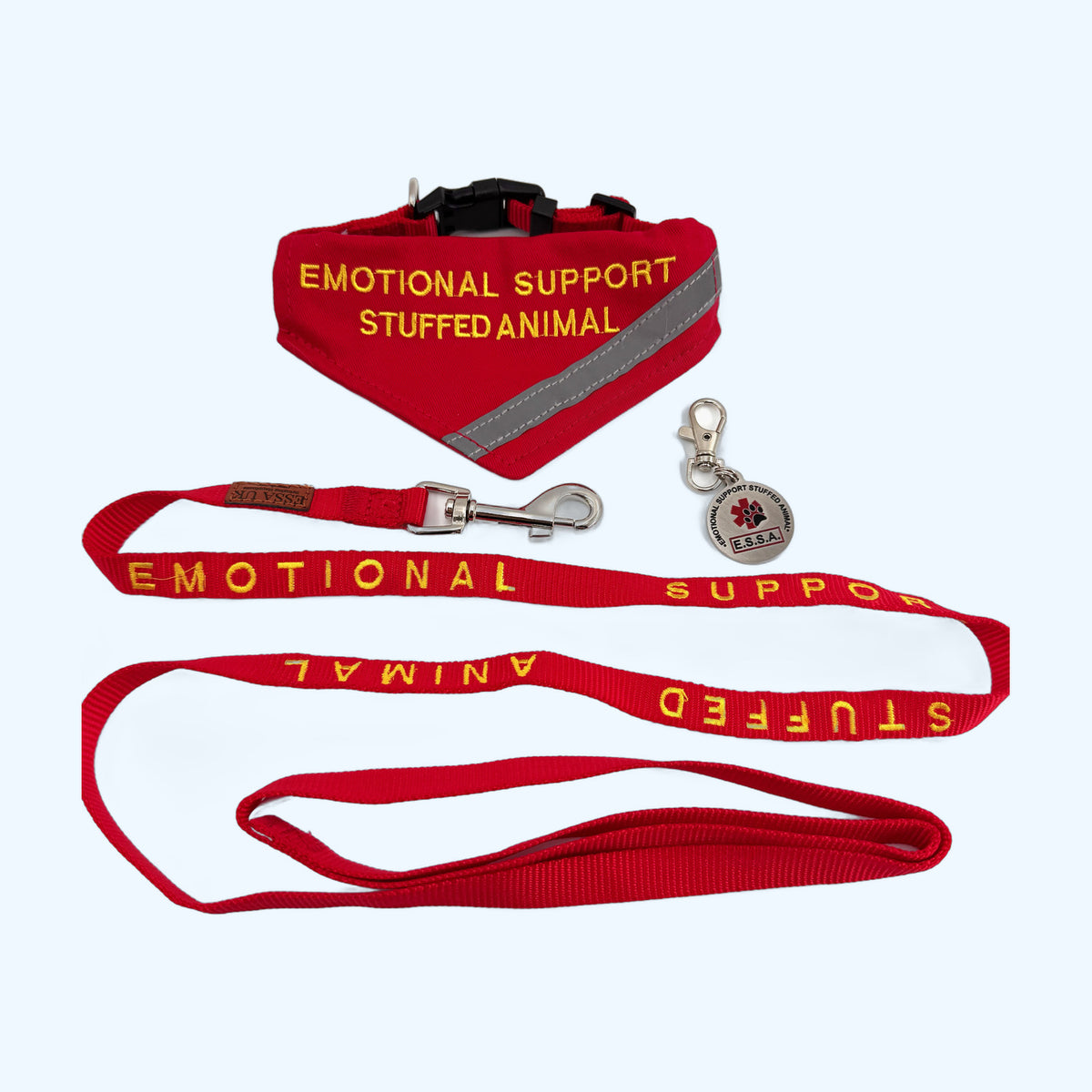 Red ESSA Awareness Kit Half Set laid flat: leash, bandana, tag and collar
