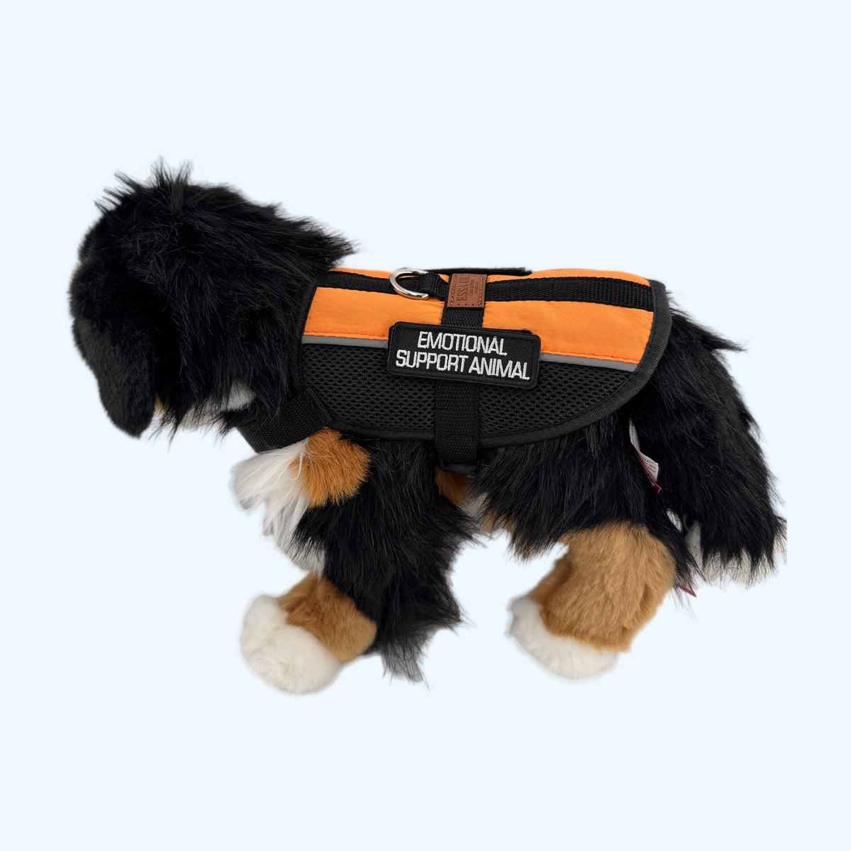 Orange ESSA Harness for Medium and Large on a Bernese plush dog, side angle view