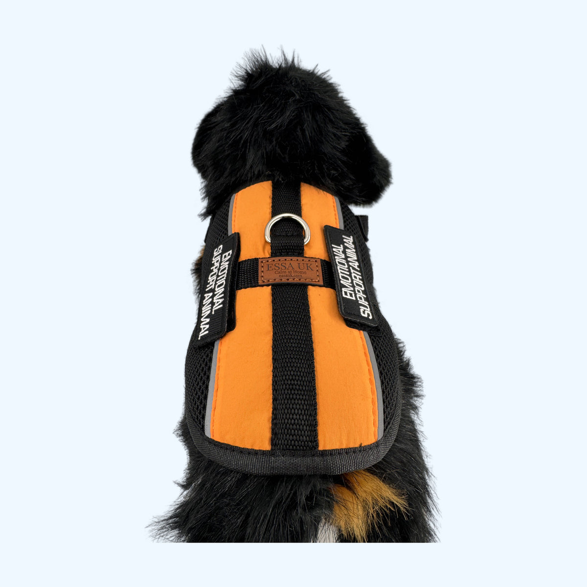 Orange ESSA Harness for Medium and Large back view showing the lead ring and tag