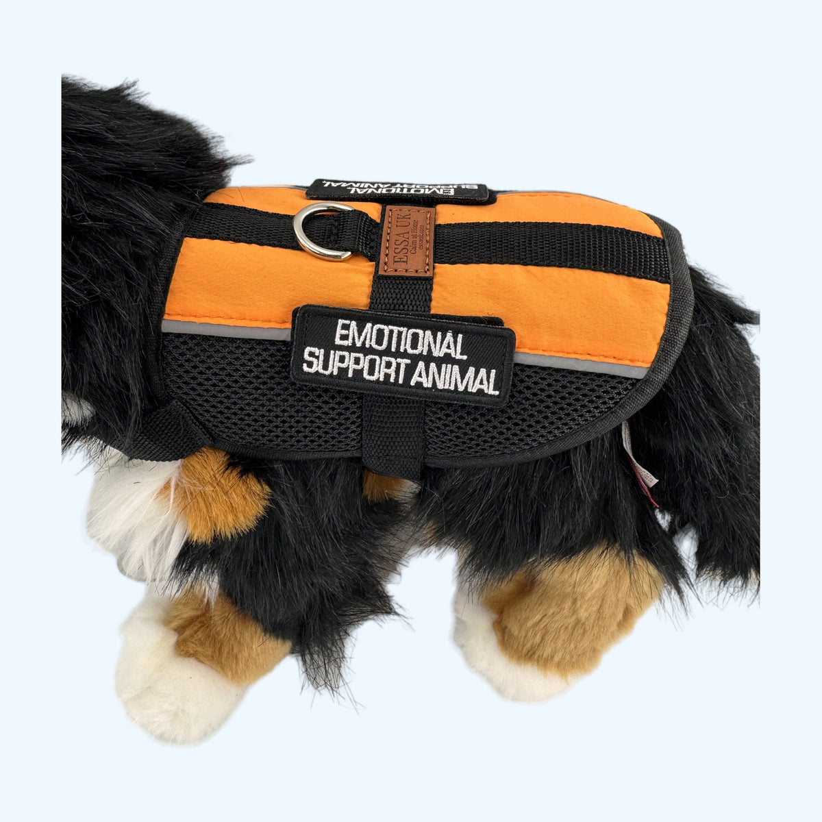 Orange ESSA Harness for Medium and Large close up on a Bernese plush dog