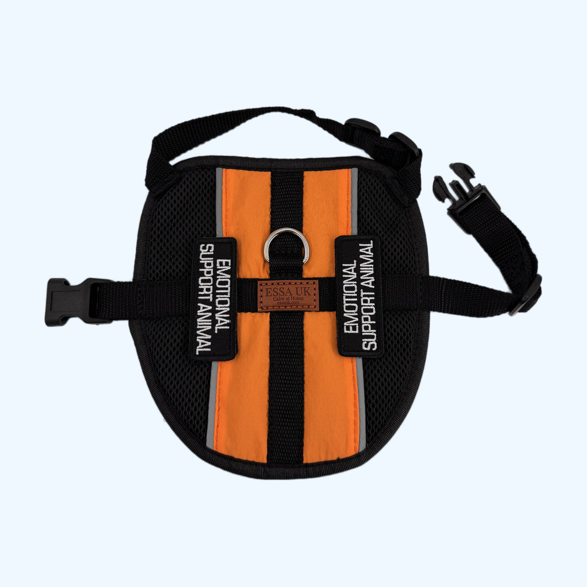 Orange ESSA Harness for Medium and Large laid flat showing the emotional support patches