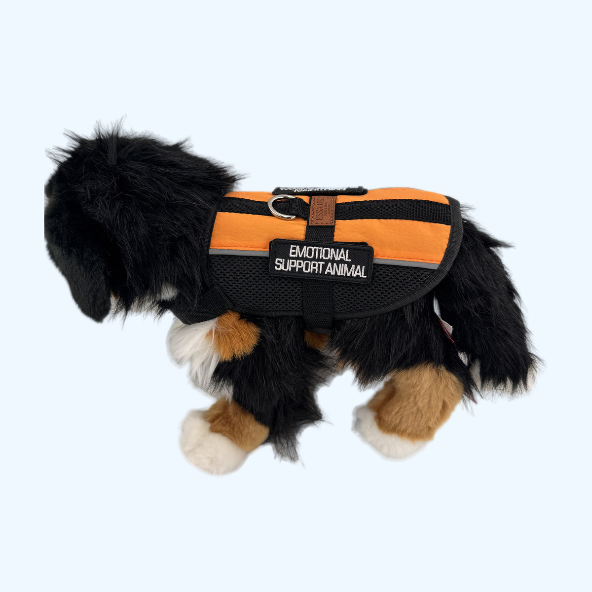 Orange ESSA Harness for Medium and Large on a Bernese plush dog, full side view