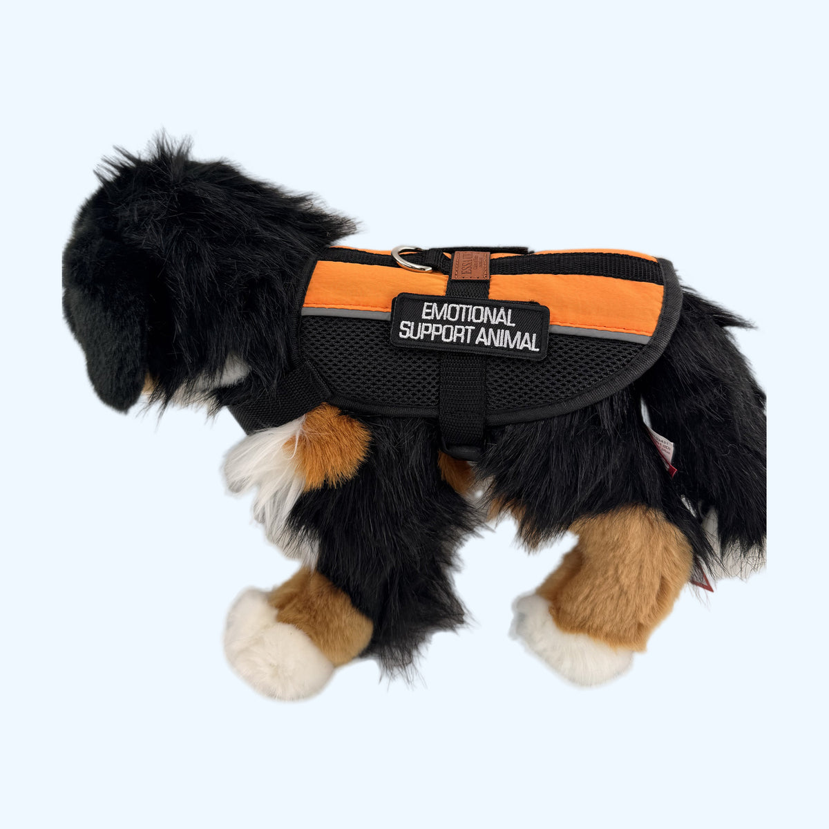 Orange ESSA Harness for Medium and Large on a Bernese plush dog showing the emotional support patch
