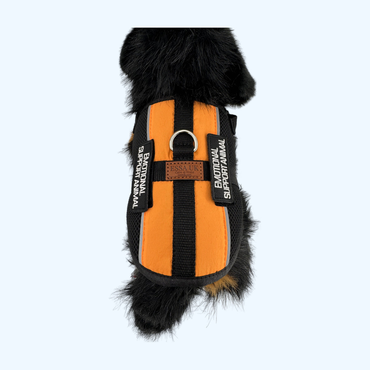 Orange ESSA Harness for Medium and Large top view showing both emotional support patches