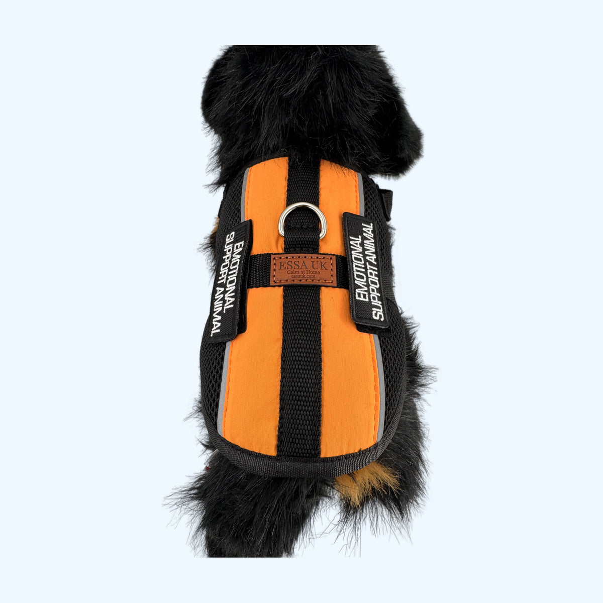 Orange ESSA Harness for Medium and Large seen from above showing the metal lead ring