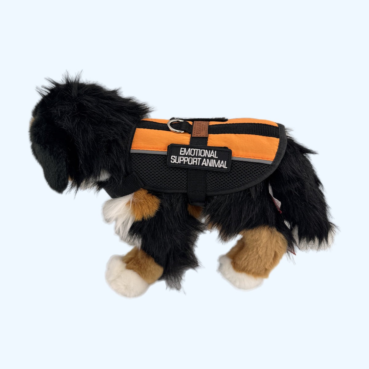 Orange ESSA Harness for Medium and Large on a Bernese plush dog with reflective trim