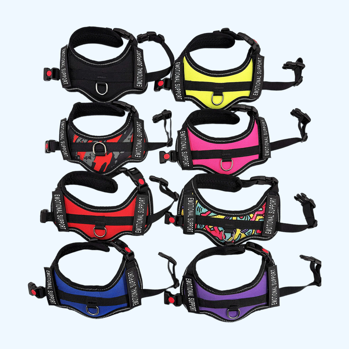 ESSA Harness for Small and Medium plush in all eight colours laid out together