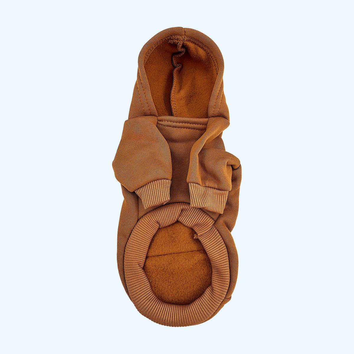 Brown ESSA Hoodie opened flat showing the soft inner lining