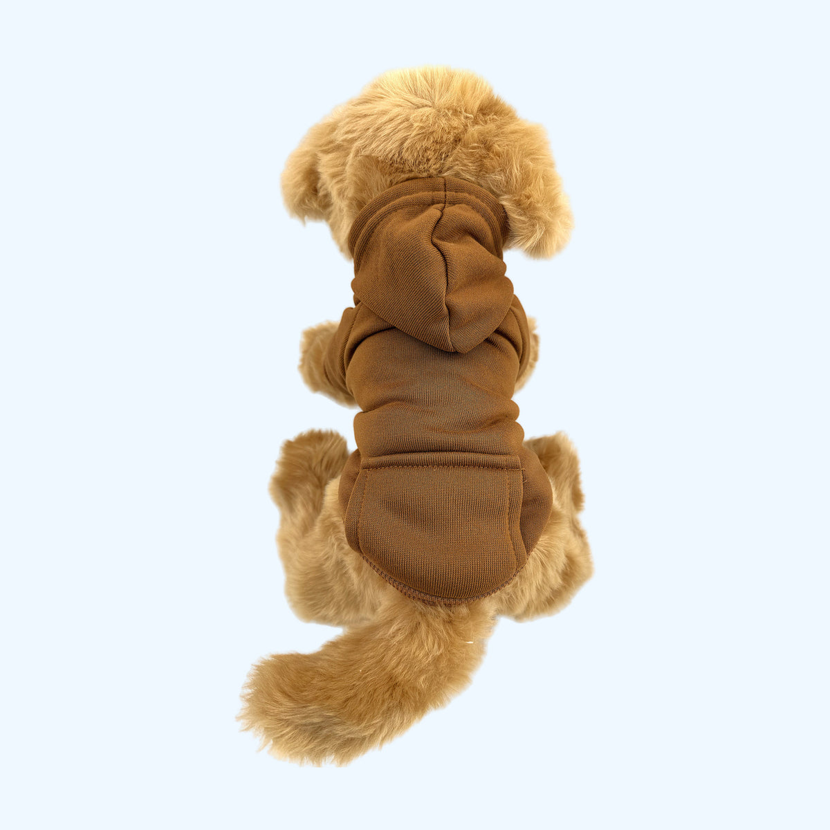 Brown ESSA Hoodie from behind showing the hood on a Medium plush dog