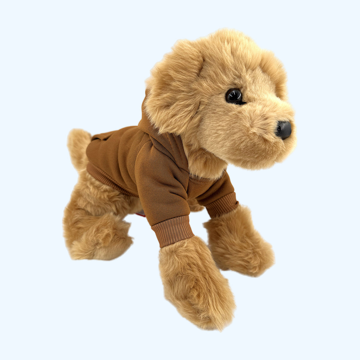 Brown ESSA Hoodie worn by Medium ESSA plush dog, front view