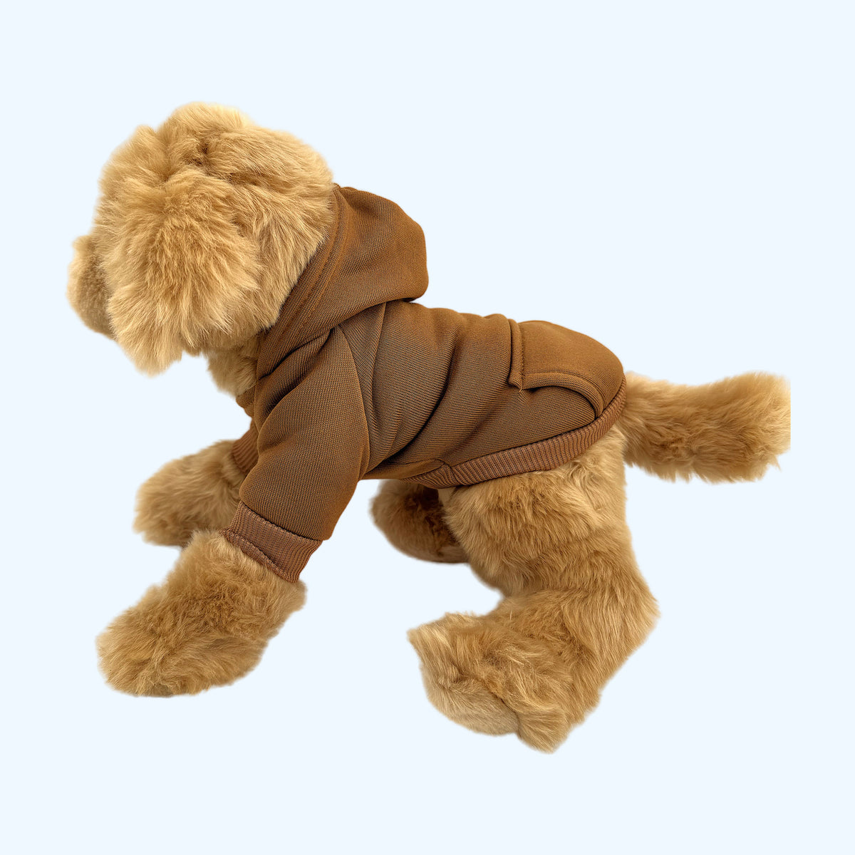 Brown ESSA Hoodie on Medium ESSA plush dog, left side with front pocket