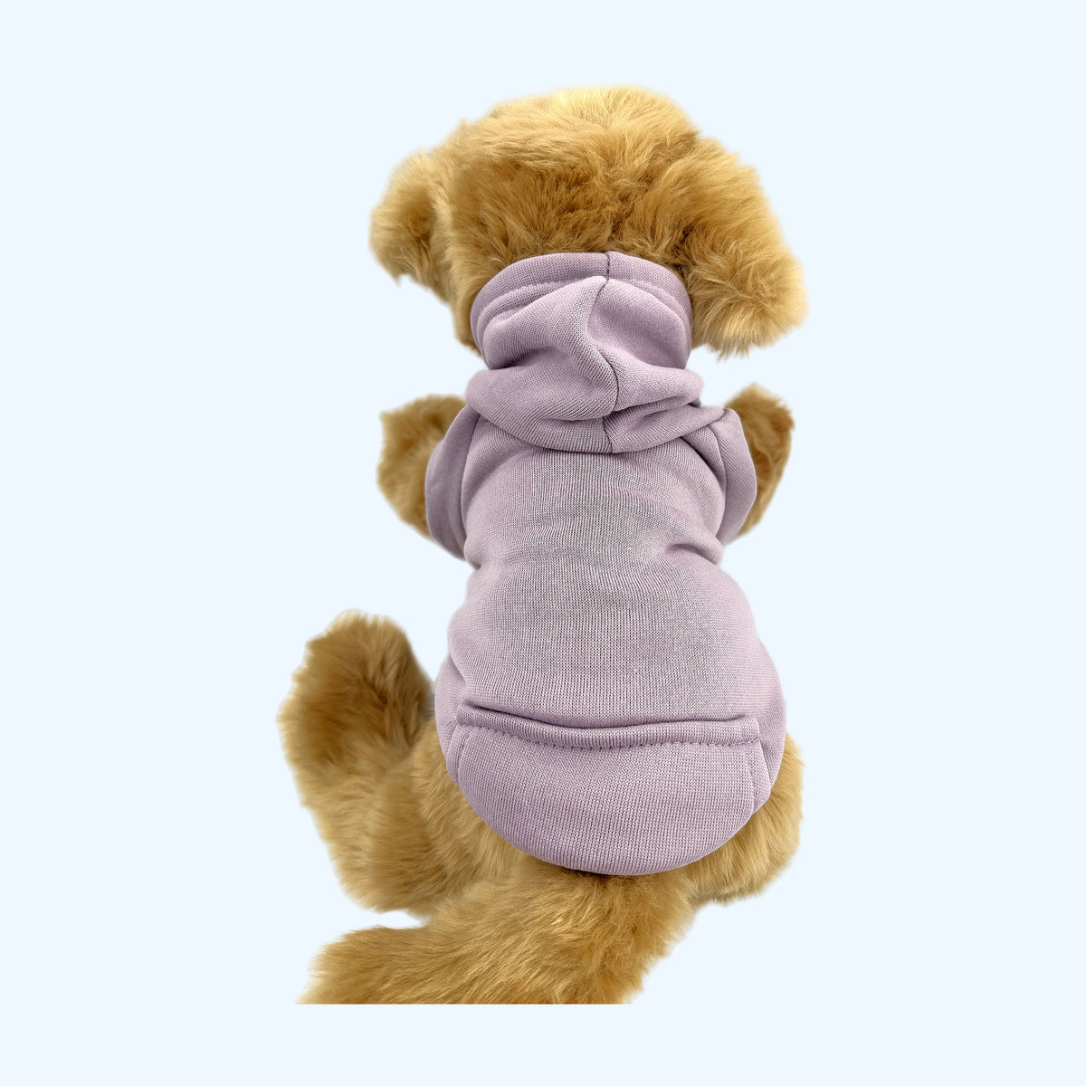 Lilac ESSA Hoodie from behind showing the hood on a Medium plush dog