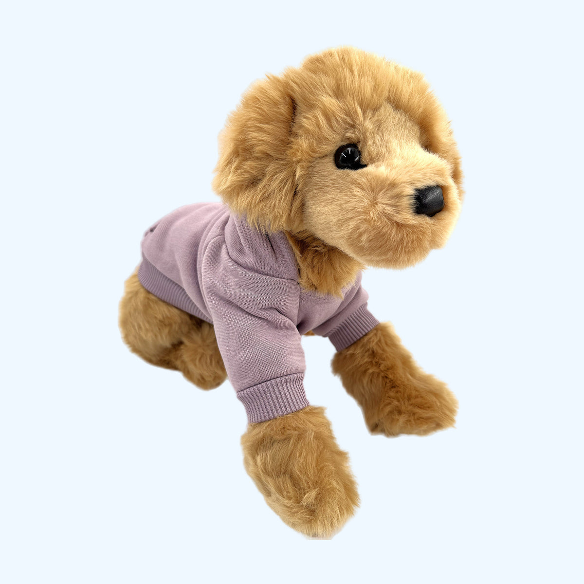 Lilac ESSA Hoodie worn by Medium ESSA plush dog, front view