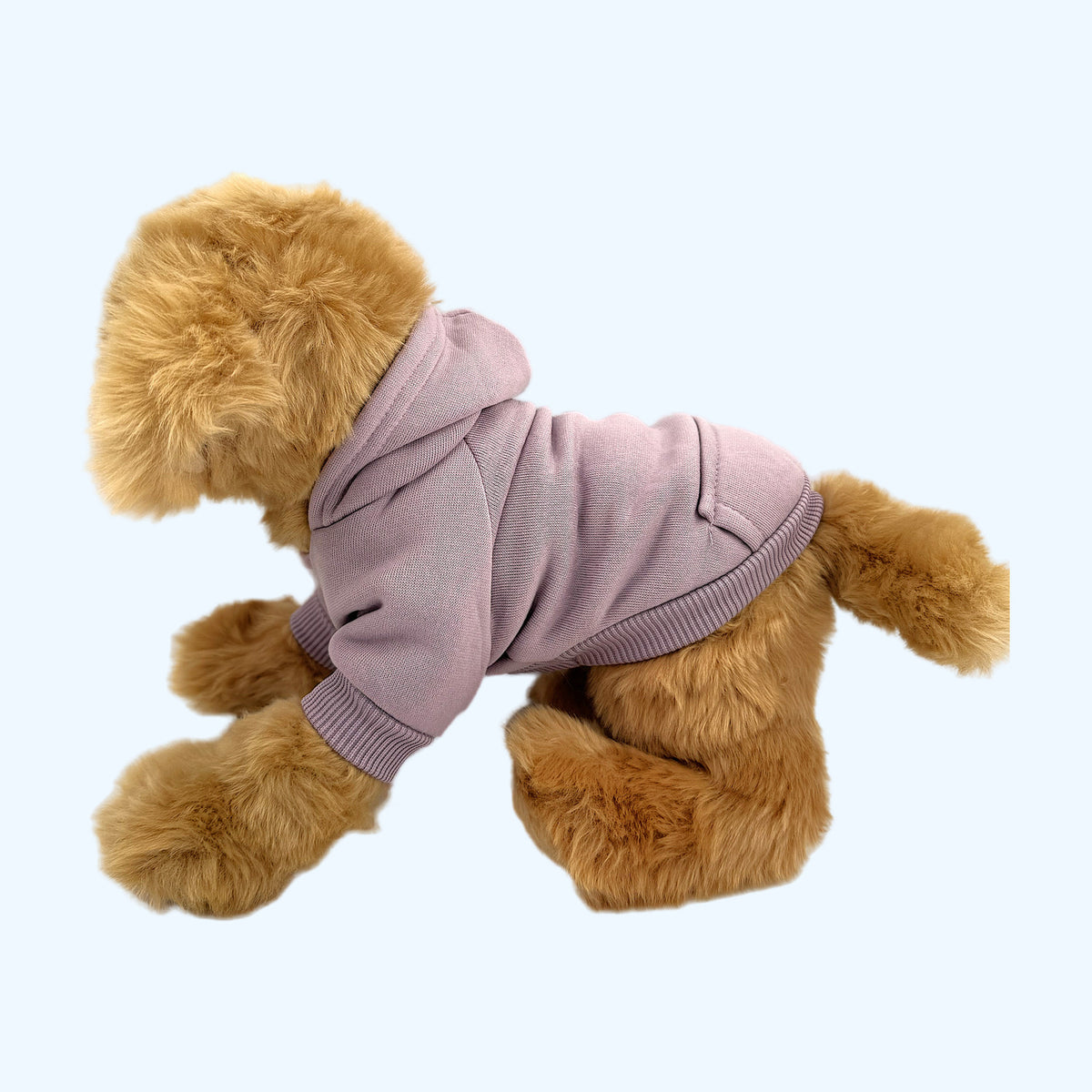 Lilac ESSA Hoodie on Medium ESSA plush dog, left side with front pocket