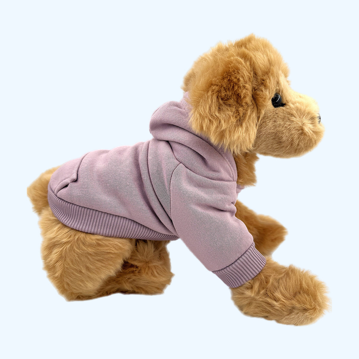 Lilac ESSA Hoodie side view with hood down on Medium plush dog