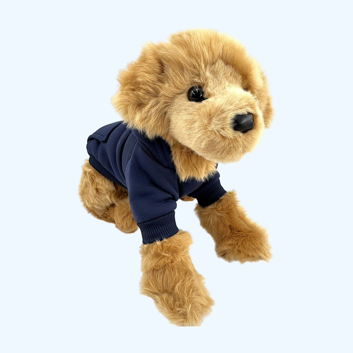 Navy ESSA Hoodie worn by Medium ESSA plush dog, front view