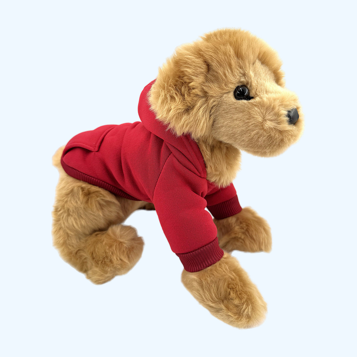 Red ESSA Hoodie worn by Medium ESSA plush dog, front view