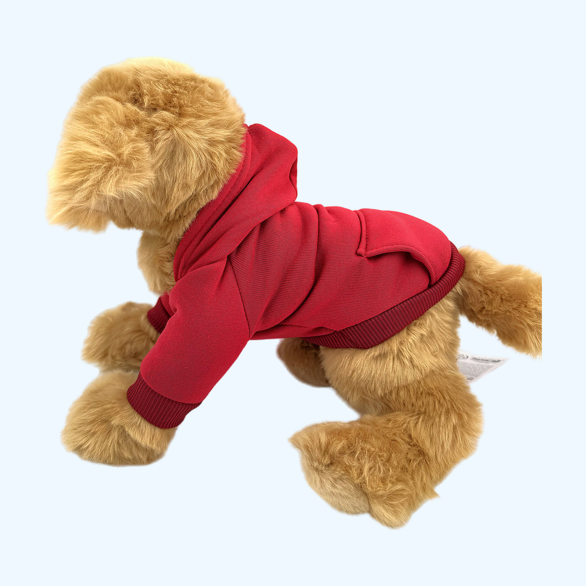 Red ESSA Hoodie on Medium ESSA plush dog, left side with front pocket