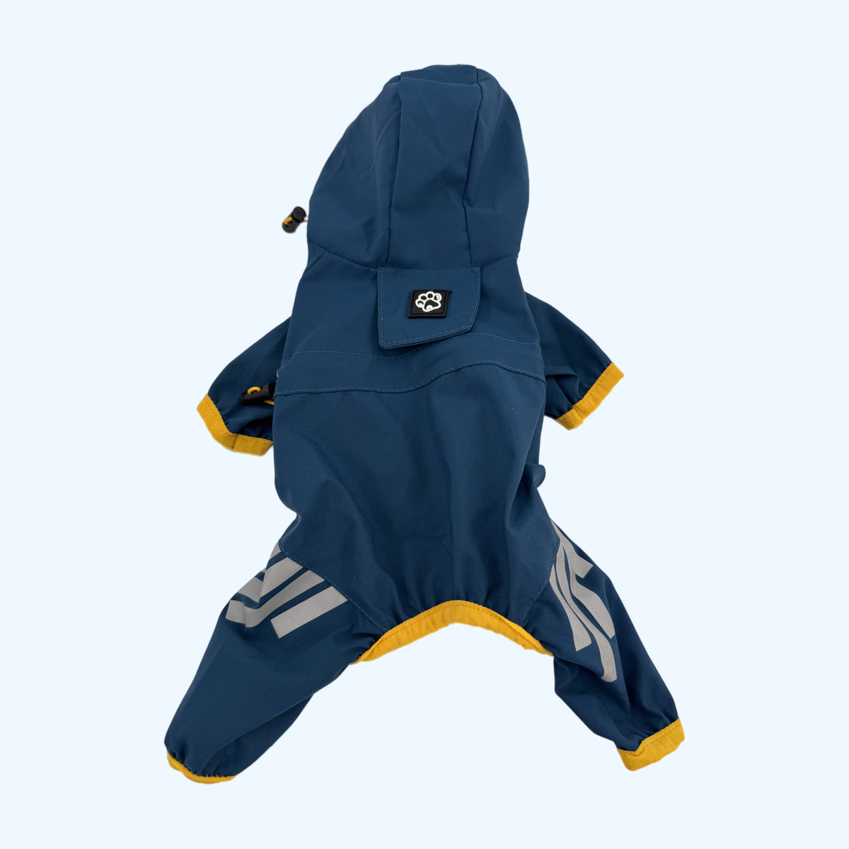 Navy ESSA Raincoat flat lay, back with hood, paw patch and yellow cuffs