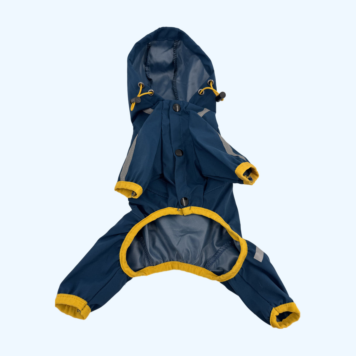 Navy ESSA Raincoat flat lay, front with press studs and reflective stripes