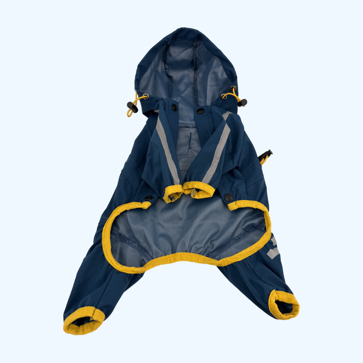 Navy ESSA Raincoat opened flat showing the grey inner lining and yellow trim
