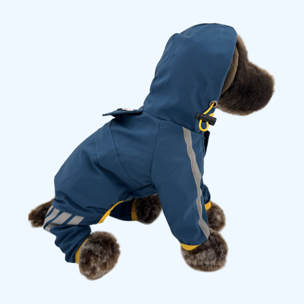 Navy ESSA Raincoat side view with hood up and reflective stripes on Medium plush