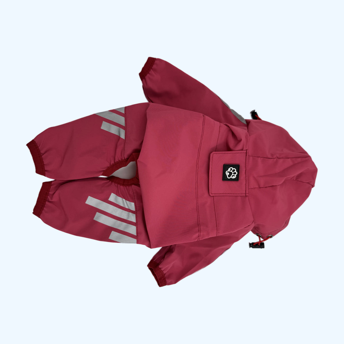 Raspberry ESSA Raincoat flat lay, back with hood and reflective leg stripes